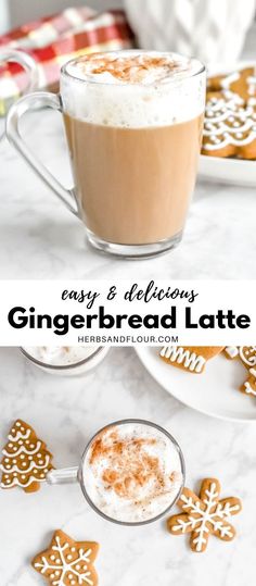 gingerbread latte in a glass mug with whipped cream on top and cookies around it