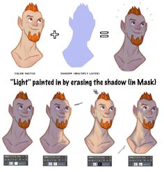 the stages of how to draw a man's face with different facial shapes and hair