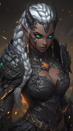 a woman with white hair and green eyes is dressed up as an elf in armor