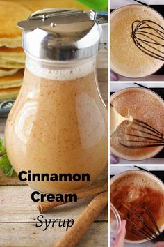 cinnamon cream syrup in a glass pitcher with whisk attachments and ingredients to make it