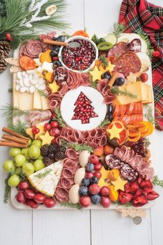 a platter filled with meat, cheese and fruit