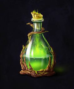 a green glass bottle filled with liquid on top of a wooden stand next to a black background