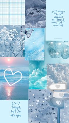 a collage of blue and white pictures with hearts, flowers, clouds, butterflies