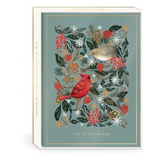 a christmas card with two red birds and holly wreaths on the front, surrounded by berries