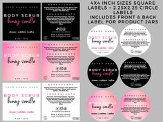 the body scrub label is shown in pink and black, with different font options for each product