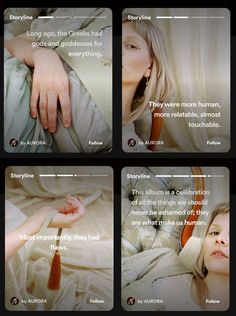 four different images of a woman laying in bed with her hand on the pillow, and texting about how to use it