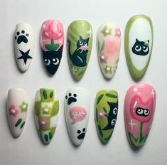 Mofusand Nails, Nails Cat Design, Silly Nail Art, Cat Nails Design, Studio Ghibli Nails, Adventure Time Nails, Cat Nail Designs, Punk Nails