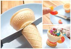 there are three pictures of ice cream cones with candies in them and one has a knife