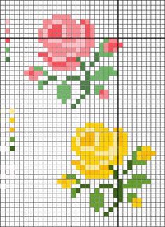 a cross stitch pattern with roses on the front and side, all in different colors