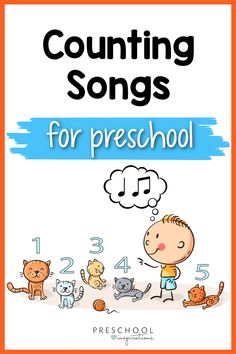 the cover of counting songs for preschool with an image of a boy surrounded by cats