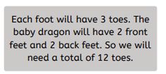 a text message that reads, each foot will have 3 toes the baby dragon will have 2 front feet and 2 back feet so we will need a total of 12 toes