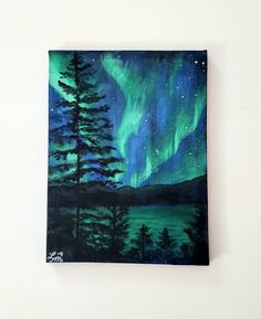 a painting of an aurora bore over a lake with trees in the foreground and stars in the sky above