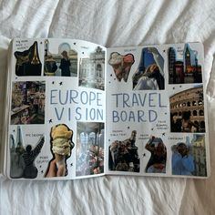 an open travel book with pictures of people and places in them on a white sheet