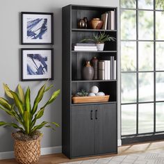 a black bookcase with plants and pictures on the wall