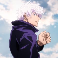 an anime character with white hair and blue eyes pointing at something in the sky behind him