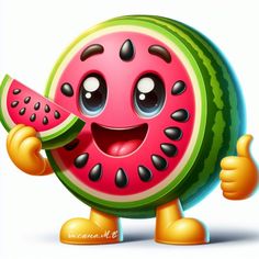 a cartoon watermelon holding a piece of fruit