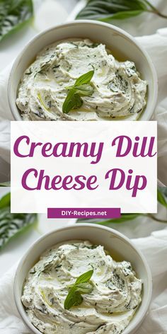 creamy dill cheese dip in a white bowl with basil leaves on top and text overlay