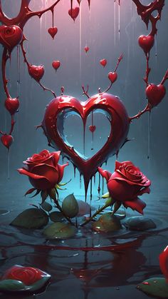 two red roses in the shape of a heart surrounded by drops of water and dripping blood