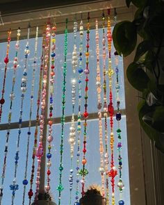 a window with beads hanging from it and a potted plant next to the window