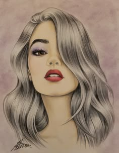 a drawing of a woman's face with long hair and red lipstick on her lips