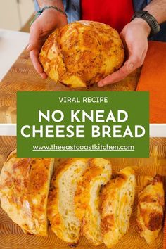 no knead cheese bread with text overlay