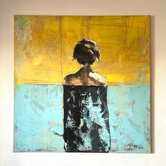 a painting of a woman's back in front of a yellow and blue background