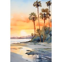 a painting of palm trees on the beach at sunset