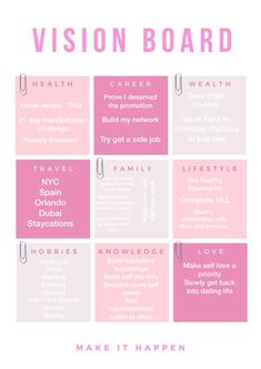 a pink and white poster with the words vision board