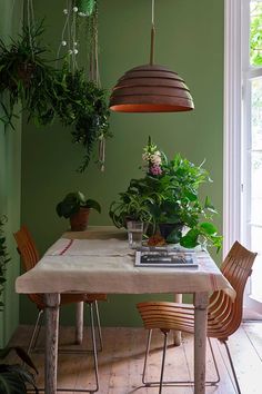 a dining room table with plants hanging from the ceiling