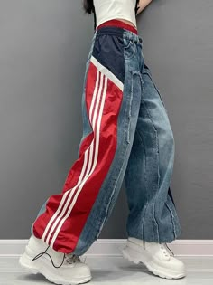 Loose Wide Leg Contrast Color Drawstring Elasticity Fringed Split-Join - rrdeye Two Color Jeans, Trendy Red Patchwork Bottoms, Big Pant, Twin Outfits, Jean Pants, Jeans Diy, Colored Pants, Daily Dress, Upcycle Clothes