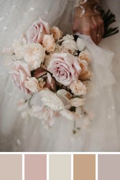 a bride holding her wedding bouquet with pink and white flowers in the center, along with other color swatches