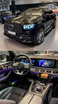 the inside and outside of a car showroom with two different cars parked in front of each other