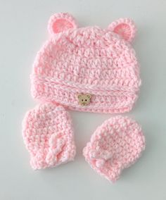 Get baby ready for Winter with this warm teddy bear hat and mittens set to fit 0-6M made with soft baby yarn in pink or lemon with cute teddy bear ears and a teddy bear button on the front.  This makes a cute gift for a new baby. Hand crochet in soft acrylic baby yarn which can be machine washed at 30 degrees (should not be tumble dried).   Dispatched by Royal Mail Tracked 48 as it provides a fully trackable service so you will know when to expect your delivery. Baby Hat And Mittens, Baby Christmas Gift, Baby Winter Hats, Baby Ready, Bear Hat, Baby Christmas Gifts, Bear Ears, Baby Christmas, Winter Baby