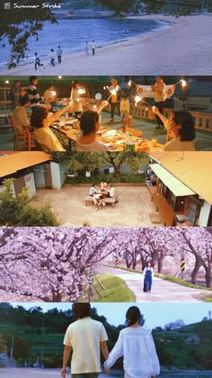 two people holding hands and walking in front of some trees with purple flowers on them