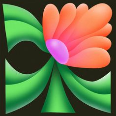 an orange flower with green leaves in the center on a black and pink square background