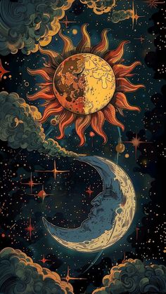 the sun and moon are in the sky with stars around them, as well as clouds