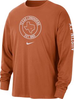 Design Long sleeve, crew neck tee Ribbed, tagless collar with interior taping Knit fabric feels soft against your skin Dropped shoulders, longer sleeves and a roomy fit offer a casual look Style and Team Spirit Team graphic at center chest Team wordmark up left sleeve Swoosh™ design trademark Additional Details Machine washable Officially licensed collegiate product Texas Longhorns, Crew Neck Tee, Team Spirit, Brand You, Look Fashion, Burnt Orange, Long Sleeve T Shirt, Nike Men, Casual Looks