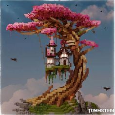 a tree house with pink flowers in the trees and birds flying around it on a cloudy day