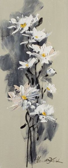 a painting of white daisies in a vase on a gray background with black and yellow accents