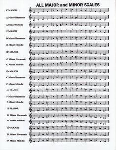 sheet music with all major and minor scales in black and white, including the words'all major and minor scales '