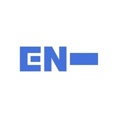 the logo for en is shown on a white background with blue letters and an arrow