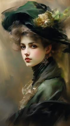 a digital painting of a woman wearing a green hat with flowers on it's head