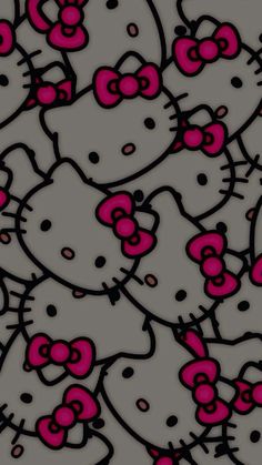 a bunch of hello kitty wallpapers with pink bows on grey and black background