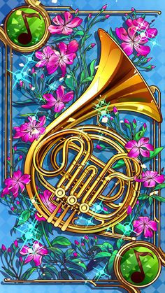 an illustration of a french horn surrounded by flowers and butterflies on a blue background with gold trim