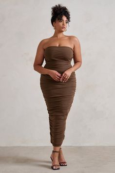 My Lady Chocolate Brown Strapless Bodycon Ruched Mesh Maxi Dress – Club L London - USA Brown Dress Accessories, Latest Maxi Dresses, Velvet Prom Dress, Black Tie Gala, Mesh Maxi Dress, Party Dress Long Sleeve, Bridesmaid Outfit, Black Sequin Dress, Black Velvet Dress