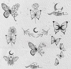 butterflies and flowers are drawn in black ink