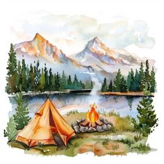 Camping Clipart, Camping In The Woods, Travel Project, Watercolor Illustrations, Travel Illustration, Camping Art, Outdoor Art, Travel Themes, Watercolor Clipart