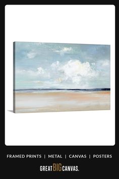 an abstract painting with white clouds and blue sky above the ocean on a black background