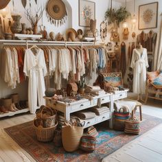 a room filled with lots of different types of clothing and baskets on top of it