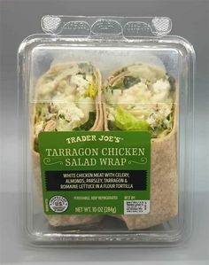 trader joe's tarragon chicken salad wrap in plastic container on white background